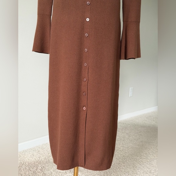 PAIGE Sundara Slim Chocolate Brown Long Sleeve Organic Cotton Midi Dress-S - Picture 9 of 16